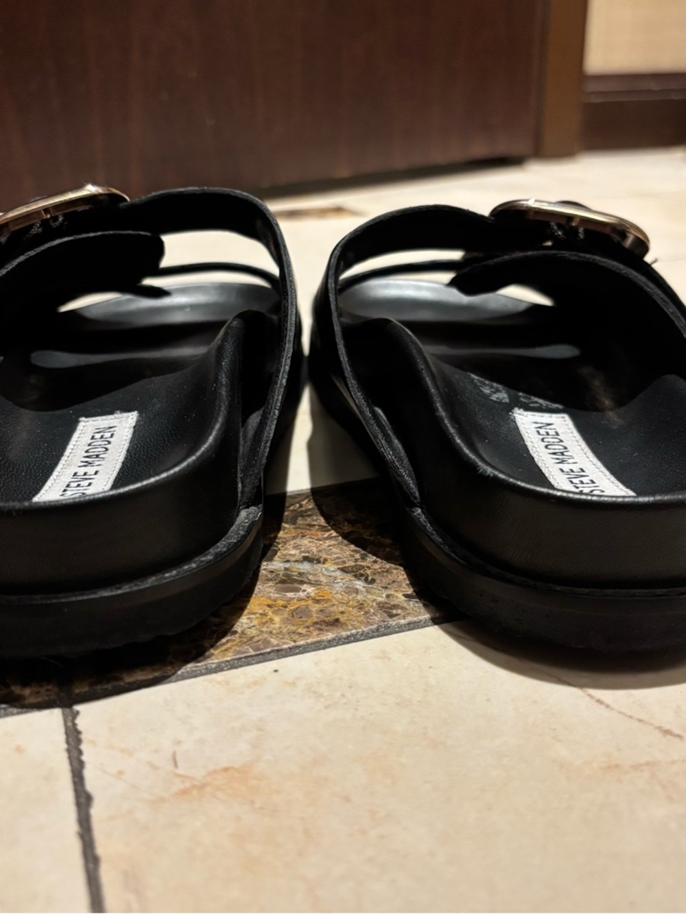 Steve Madden Black Slide Sandals with Gold Buckles - Picture 6 of 6